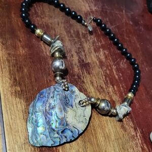 Vintage Abalone Shell Necklace with Black Beads~Statement~ Runway